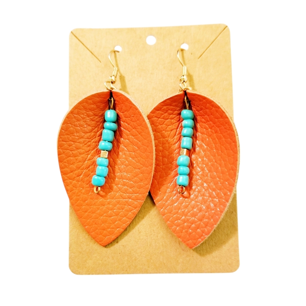 Orange Leather Leaf Earrings w/ Turquoise Seed Beads. NWT